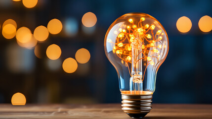 Illumination Essence: Lightbulb with Warm Bokeh. A captivating image of a classic lightbulb, its filament aglow with a warm light, set against a soft bokeh backdrop, perfect for themes 