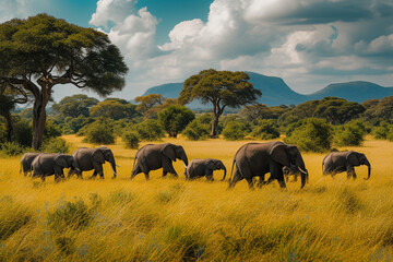  Majestic Herd of Wild Elephants Strolling Through the Vast Landscape of Tarangire National Park in Tanzania, East Africa"
