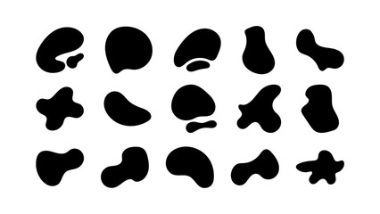 Abstract organic black fluid blobs irregular shapes set of collection for speech bubbles. Liquid shapes, round abstract elements. Simple blotch water forms. Vector illustration on white bg.