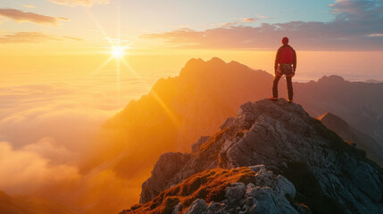 Silhouette of a male climber on a majestic mountain peak with morning sunlight penetrating the morning mist