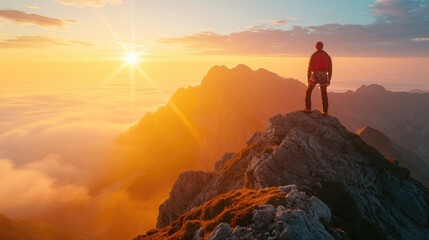 Fototapeta premium Silhouette of a male climber on a majestic mountain peak with morning sunlight penetrating the morning mist