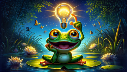 ぴこーんとアイデアをひらめいたカエルのイラスト　（ AI生成画像 ）