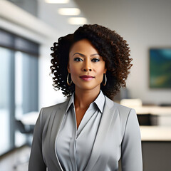 portrait/studio photograph/headshot of a Black model businesswoman wearing a suit in an office - confident, competent employee or executive