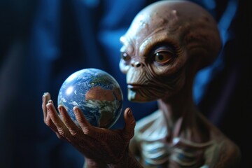 Fototapeta premium Close-Up of an Alien Figure Holding a Miniature Earth in Space