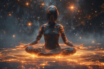 Serene Meditating Astronaut Encased in Glowing Particles in Space
