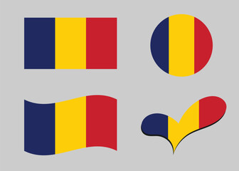 Flag of Chad. Chad flag in heart shape. Chad flag in circle shape. Country flag variations