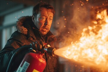 Brave Man Extinguishing a Fire With a Red Extinguisher in a Dimly Lit Setting
