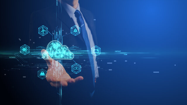 Cg footage businessman on open hand holding digital cloud with icons symbolizing information technology