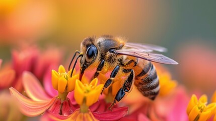 Honeybee Pollinating a Vibrant Flower in a Lush Garden During Springtime