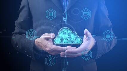 Cg collage about the digital world in everyday life. Against the background of the silhouette of a businessman, whose hands are in front of him, palms up, there is a digital cloud of turquoise color