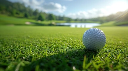 Close-Up View of a Golf Ball on Lush Green Fairway at Sunrise