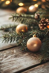 High-Resolution Christmas Tree Branch Decorations on Wooden Table