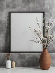 Modern Living Room Decor: Mock-Up Poster Frame on Grey Stucco Wall with Blossom Twig Vase.