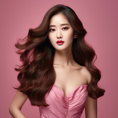 Naklejka premium Young Beautiful Model Girl With Long Hair Wearing Pink Color Dress, Smooth Brunette Hairstyle Model, Cute, Innocent, and Attractive Looks Isolated Background, Product Model Advertising, Generative AI.