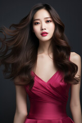 Fototapeta premium Young Beautiful Model Girl With Long Hair Wearing Red Color Dress, Smooth Brunette Hairstyle Model, Cute, Innocent, and Attractive Looks Isolated Background, Product Model Advertising, Generative AI.
