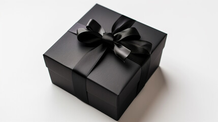Black gift box with black ribbon on white background. Top view.