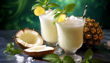 Pina colada beverage. Sunshine and tropical bliss with alcoholic beverage with coconut and rum. Coconut. Rum. Pineapple. Tropical drink in a glass. Pina colada in glass