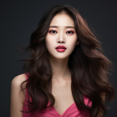 Fototapeta premium Young Beautiful Model Girl With Long Hair Wearing Pink Color Dress, Smooth Brunette Hairstyle Model, Cute, Innocent, and Attractive Looks Isolated Background, Product Model Advertising, Generative AI.