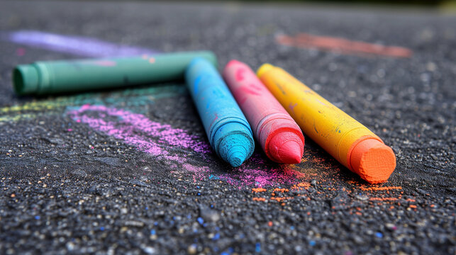 Colorful crayons on the black asphalt. Selective focus.
