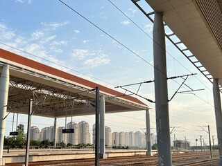 train station and chinese architecture with blue sky