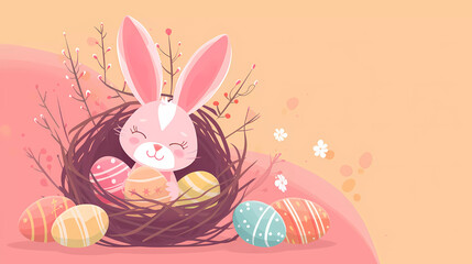 Easter bunny with colorful easter eggs on nest with soft color background.Easter festival website banner.vector illustration.