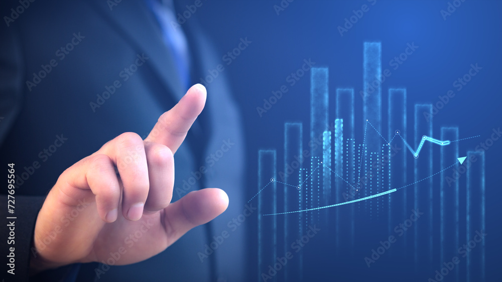 Poster growing graphs and charts on blue background with digital man with index finger raised. collage with
