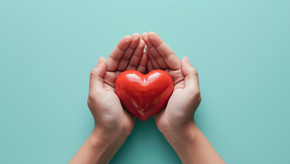 Hands clasping a red heart against a backdrop of blue