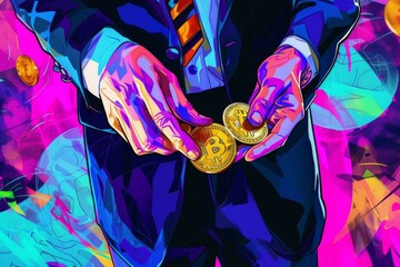 Vibrant Art of Businessman Holding Cryptocurrency in a Blockchain World