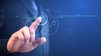 Cg collage Silhouette of businessman on blue background touching with finger light point from which rays with words and circles diverge