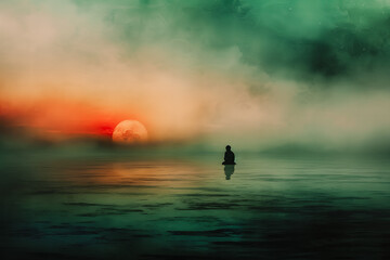 Homme seul au milieu de l'eau et de la brume au coucher du soleil