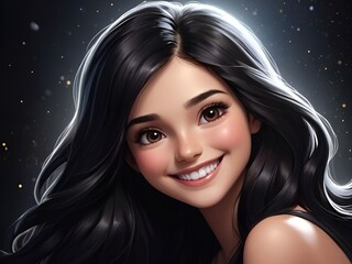 A stunning Gorgeous cartoon girl with flowing black hair, and a captivating smile, set against a black-glittered backdrop, a Closeup image of a Gorgeous cartoon girl