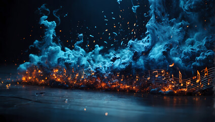 An eruption of electric blue particles mirroring the expressive and dynamic nature of musical notes.