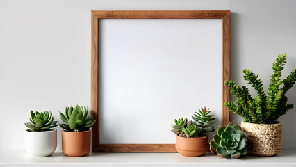 Close-up of interior poster mockup with square wooden frame and succulents on white wall background. 