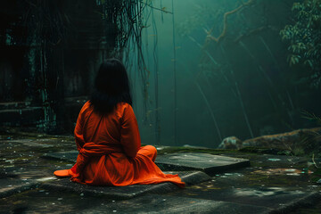 Femme en robe rouge assise sur le sol dans un univers étrange et sombre - obrazy, fototapety, plakaty