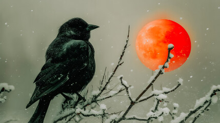 Fototapeta premium Peinture d'un oiseau noir perché sur une branche en hiver
