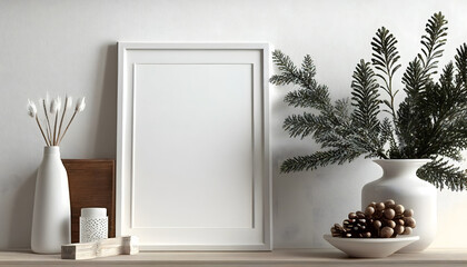 Winter still life. Horizontal white frame mockup on vintage wooden bench, table. Modern white ceramic vase with pine tree branches, Christmas paper ornaments and books. White wall back. Generative AI.