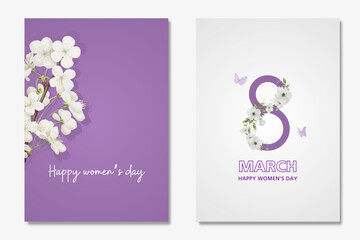 Happy Mothers Day and 8 March Stylish Cards Template Set. Decorative Composition with Cherry Flowers on White and Beige Background Holiday Poster Banner Flyer Brochure Cartoon Flat Vector Illustration