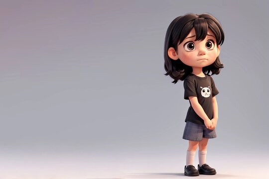 Little girl, sad, looking at camera, black t-shirt, on isolated white background, anime. Empty space
