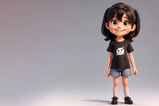 Little girl, smiling, looking at the camera, black t-shirt, on an isolated white background. Empty space. anime