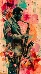 Fototapeta premium Musicien noir joueur de saxo, illustration vintage, jazz