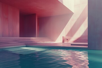 Surreal waters bathe architectural beauty in a pastel sunrise, where light dances with shadows in a serene, modern oasis.

