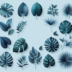assorted tropical leaves on blue background