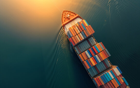 Container ship approaching an international port, picture with copyspace