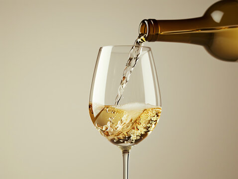 Sequence of white wine being poured into a glass. Beige background with dynamic liquid motion. Beverage tasting and luxury concept for design and print. Studio photography series with place for text