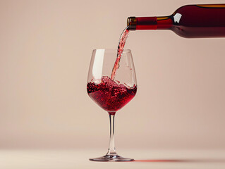 Red wine pouring into glass set. Smooth splash motion with pink background. Luxury and taste concept for design and print
