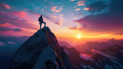 A male climber on a mountain peak at dawn that paints the sky with spectacular colors