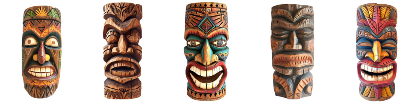 Set of Traditional Wooden Tiki Masks on Transparent Background