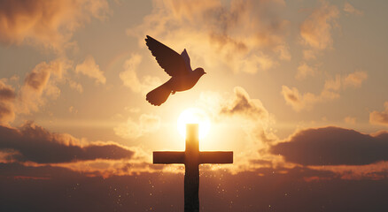 A dove flying over a Christian cross, concept of peace and resurrection, religious background for easter and christmas - obrazy, fototapety, plakaty