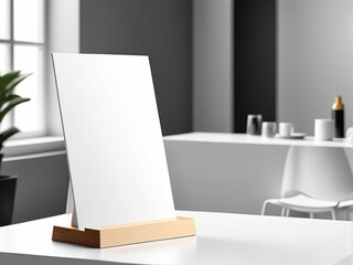 Blank white label stand on table. Empty rectangle information board, stand for advertising, text, price, menu, card holder with abstract blurred modern open interior space. Mockup