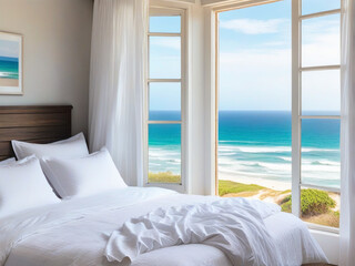 Close up bedroom with white messy bedding and big window with view to beautiful sea ocean beach. Summer, travel, vacation, holiday, mindfulness, relax concept